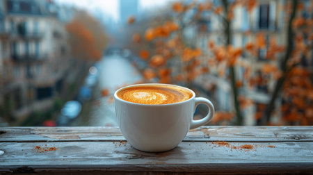 A cup of coffee rests on top of a wooden table.の素材