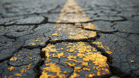 A bright yellow line painted on the side of a road, marking the boundary between the roadway and the shoulder.の素材