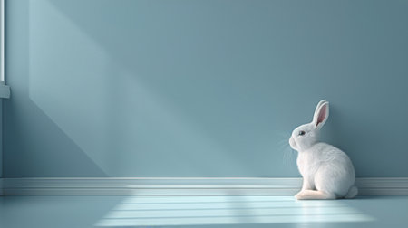 A white rabbit is seated on top of a blue table.の素材