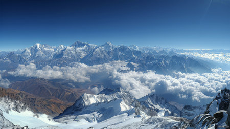A mountain range blanketed in snow under a cloudy sky.の素材