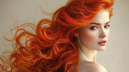 A woman with vibrant red hair stands with her hair being blown by the wind.の素材