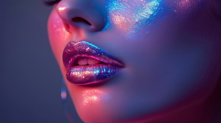 A close up view of a womans face showing vibrant and colorful makeup.の素材