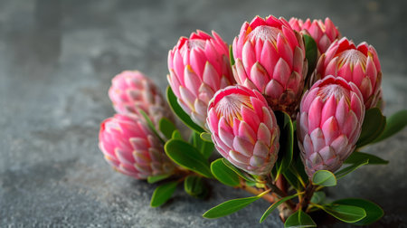 A cluster of pink flowers placed on a tabletop.の素材
