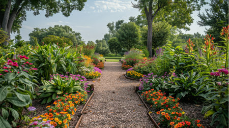 A garden abundant with a variety of vividly colored flowers, creating a colorful and lively scene.の素材