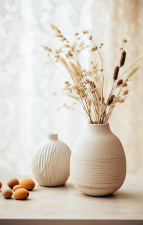 an empty beige vase with some dried plants sitting on top of a white table.の素材