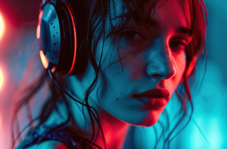 attractive young woman wearing headphones that glow neon red.の素材