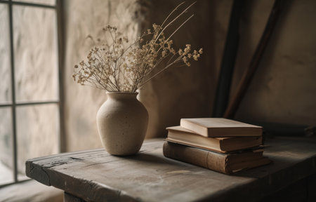an empty vase and books on a table.の素材