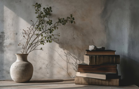 an empty vase and books on a table.の素材