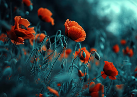 an image shows a field of red poppies.の素材