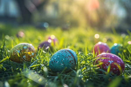 colorful easter eggs laying on a grass.の素材