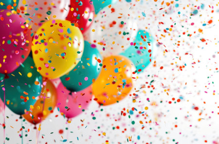 colorful balloons and confetti on a white background.の素材