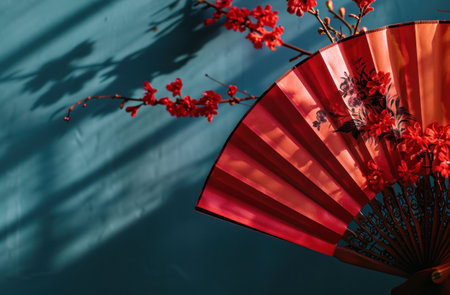 Chinese red paper fan with flower decoration against blue background.の素材