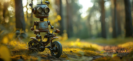 an old robot on a bicycle in the forest.の素材
