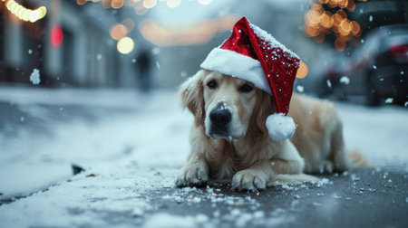 Charming puppy in a Christmas hat, shallow depth of field.の素材
