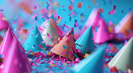 colorful birthday party hats falling over colorful confetti.の素材