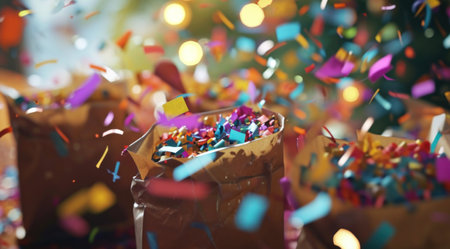 colorful birthday confetti flies from paper bags,.の素材