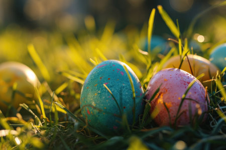 colorful easter eggs on the grass.の素材