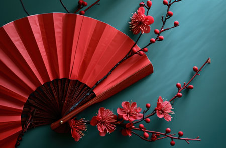 Chinese red paper fan with flower decoration against blue background.の素材