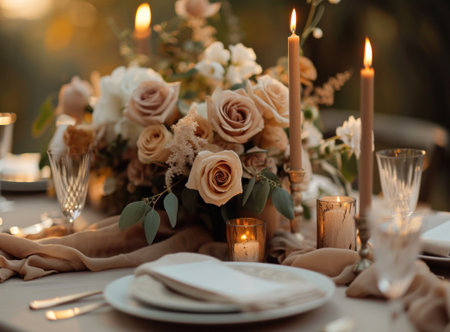 centerpiece with peach roses, candles, linens, plates and cutlery.の素材