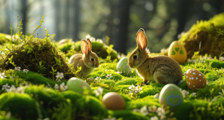 easter eggs in the green grass with two rabbits in the middle.の素材
