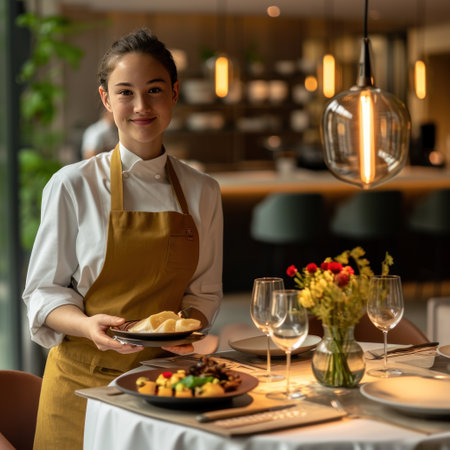female waitress serving tasty food in the dining room.の素材