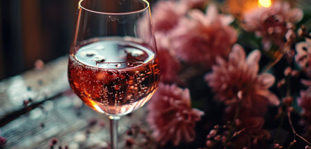glass of pink wine is displayed next to a set of flowers.の素材