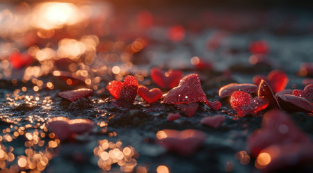 heart gifts on the ground with red hearts.の素材
