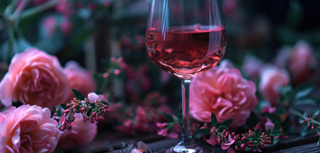 glass of pink wine is displayed next to a set of flowers.の素材