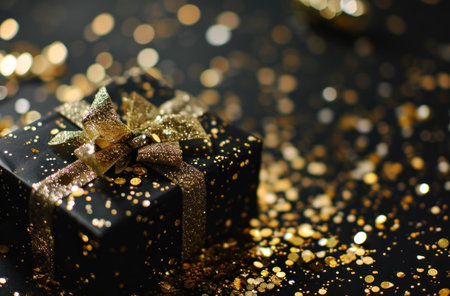 gift box on black background with gold confetti and confetti in the background.の素材