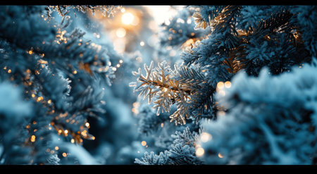 icy snowflake frame around a christmas tree frame.の素材