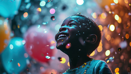 kid laughing with balloons and colorful confetti.の素材