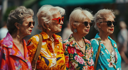 four women on the street wearing colorful clothing and sunglasses.の素材