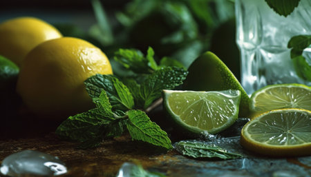 lime, mint and lemons from a glass.の素材
