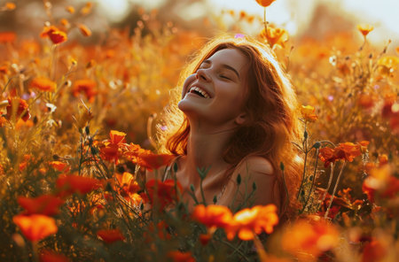 girl laughing in a field of flowers.の素材