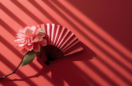 on a red background a fan holds a pink flower.の素材