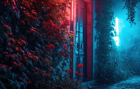neon light and flowers with doors and plants.の素材