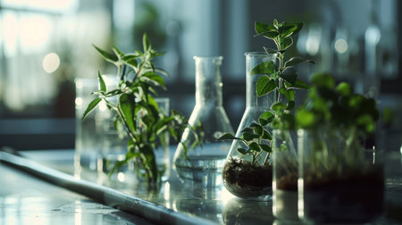 plant growing in labware on glass.の素材