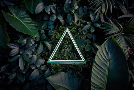 neon triangle surrounded by tropical plants.の素材