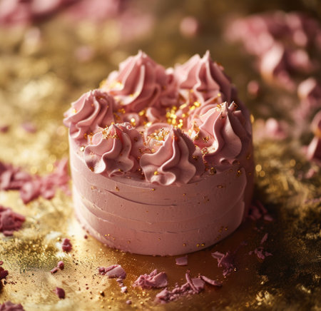 pink frosted cake sitting on gold background.の素材