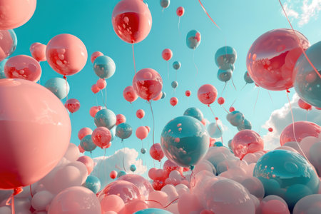 pink and blue balloons being released.の素材
