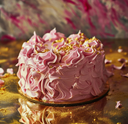 pink frosted cake sitting on gold background.の素材