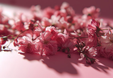 pink flowers are laying across a pink background.の素材