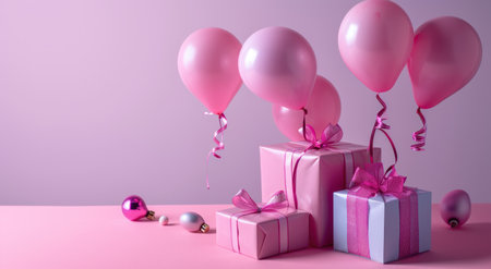 pink background with balloons and gifts on it.の素材