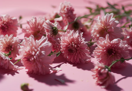 pink flowers are laying across a pink background.の素材