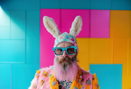 rabbit costume with beard and bunny ears.の素材