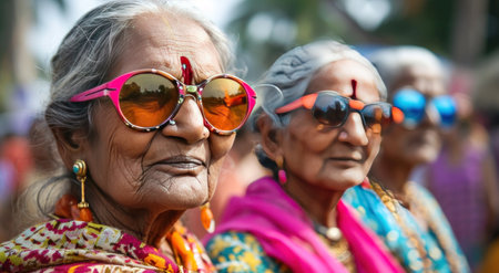 several older women wearing colorful sunglasses and sunglasses.の素材