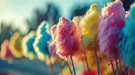 many colorful cotton candy on a stick in front of a bright background.の素材