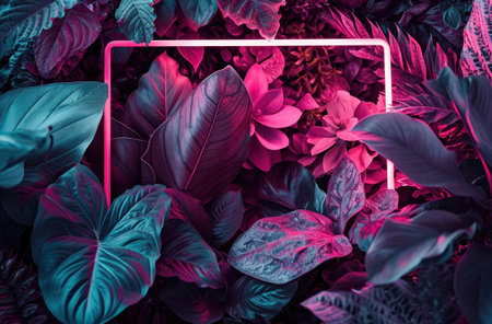 the glowing neon frame is surrounded by pink leaves and tropical flowers.の素材