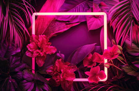 the glowing neon frame is surrounded by pink leaves and tropical flowers.の素材