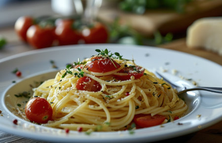 spaghetti on white plate with tomato.の素材